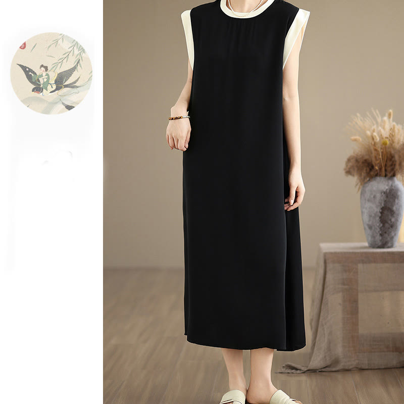 Buddha Stones Pure Color Slit Design Sleeveless Cotton Midi Dress With Pockets