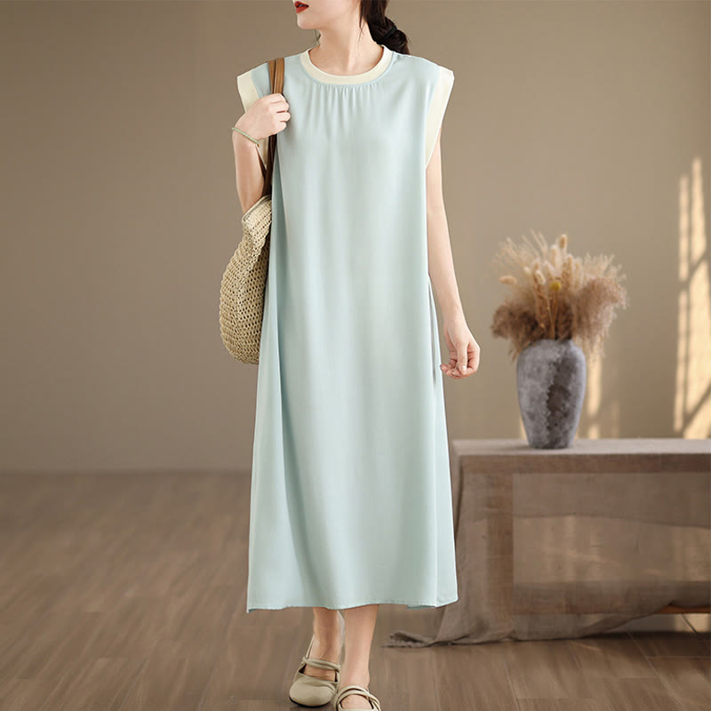 Buddha Stones Pure Color Slit Design Sleeveless Cotton Midi Dress With Pockets