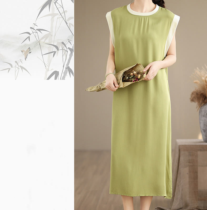 Buddha Stones Pure Color Slit Design Sleeveless Cotton Midi Dress With Pockets