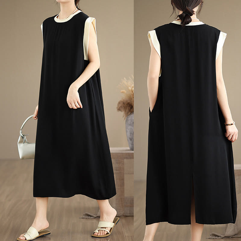 Buddha Stones Pure Color Slit Design Sleeveless Cotton Midi Dress With Pockets
