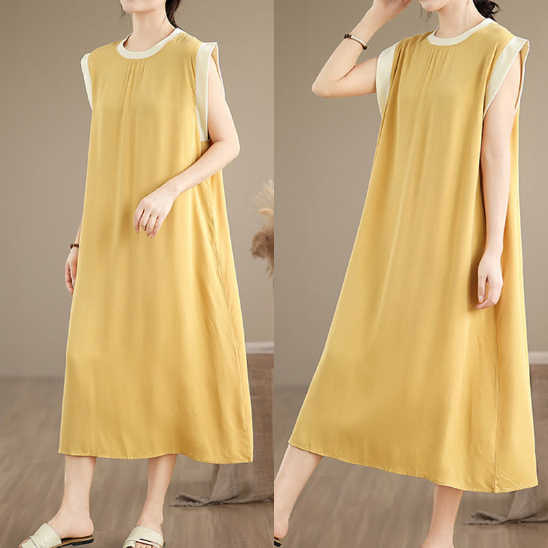 Buddha Stones Pure Color Slit Design Sleeveless Cotton Midi Dress With Pockets