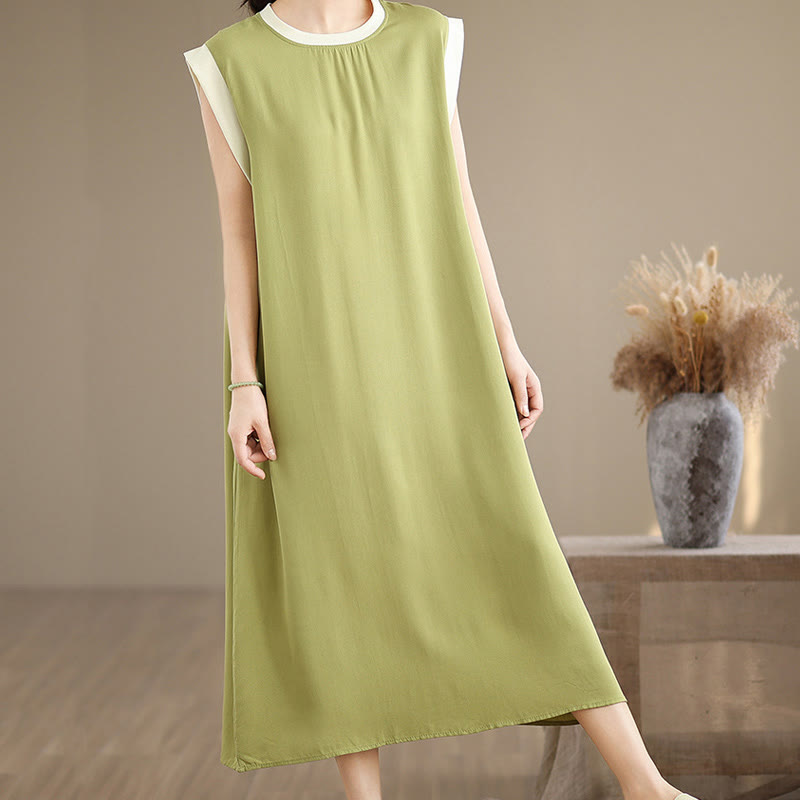 Buddha Stones Pure Color Slit Design Sleeveless Cotton Midi Dress With Pockets
