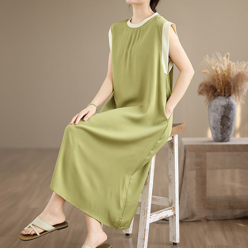 Buddha Stones Pure Color Slit Design Sleeveless Cotton Midi Dress With Pockets