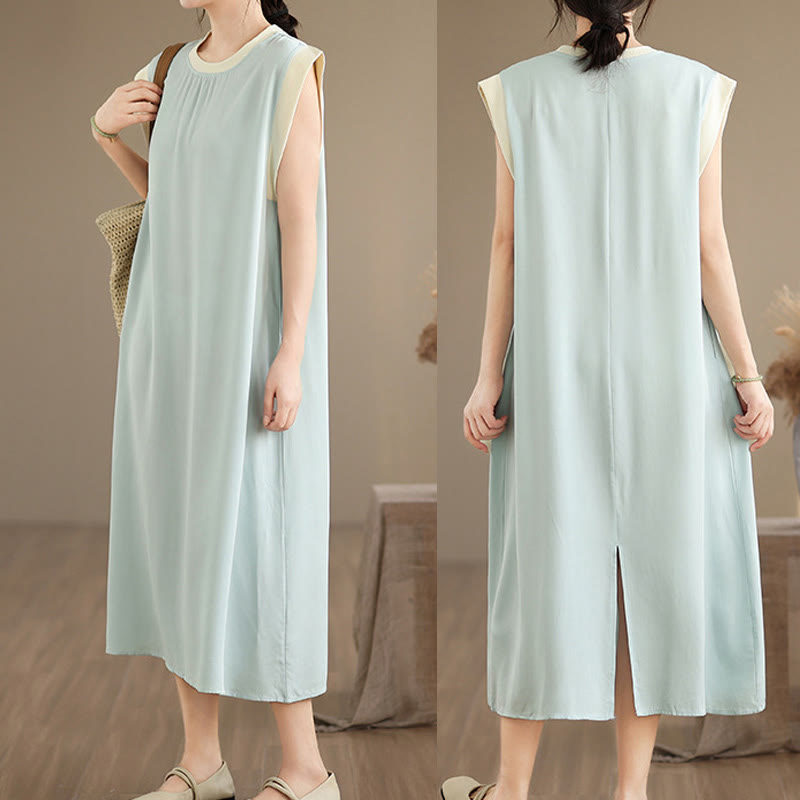 Buddha Stones Pure Color Slit Design Sleeveless Cotton Midi Dress With Pockets