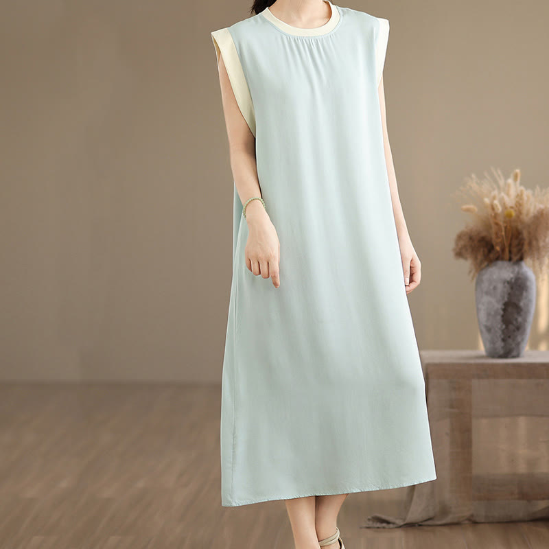 Buddha Stones Pure Color Slit Design Sleeveless Cotton Midi Dress With Pockets