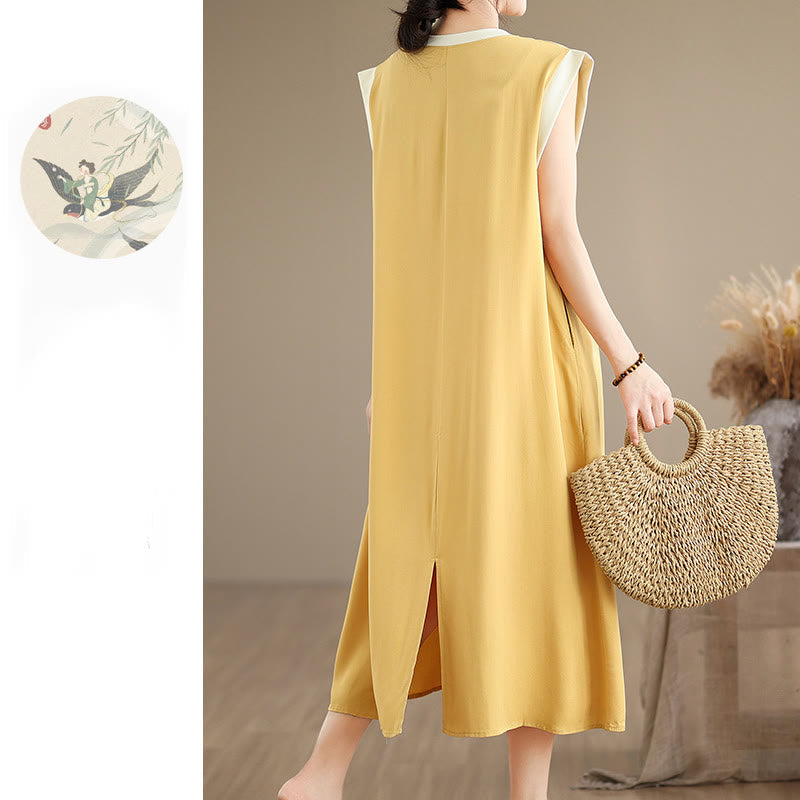 Buddha Stones Pure Color Slit Design Sleeveless Cotton Midi Dress With Pockets