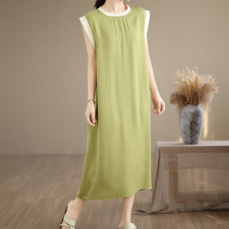 Buddha Stones Pure Color Slit Design Sleeveless Cotton Midi Dress With Pockets