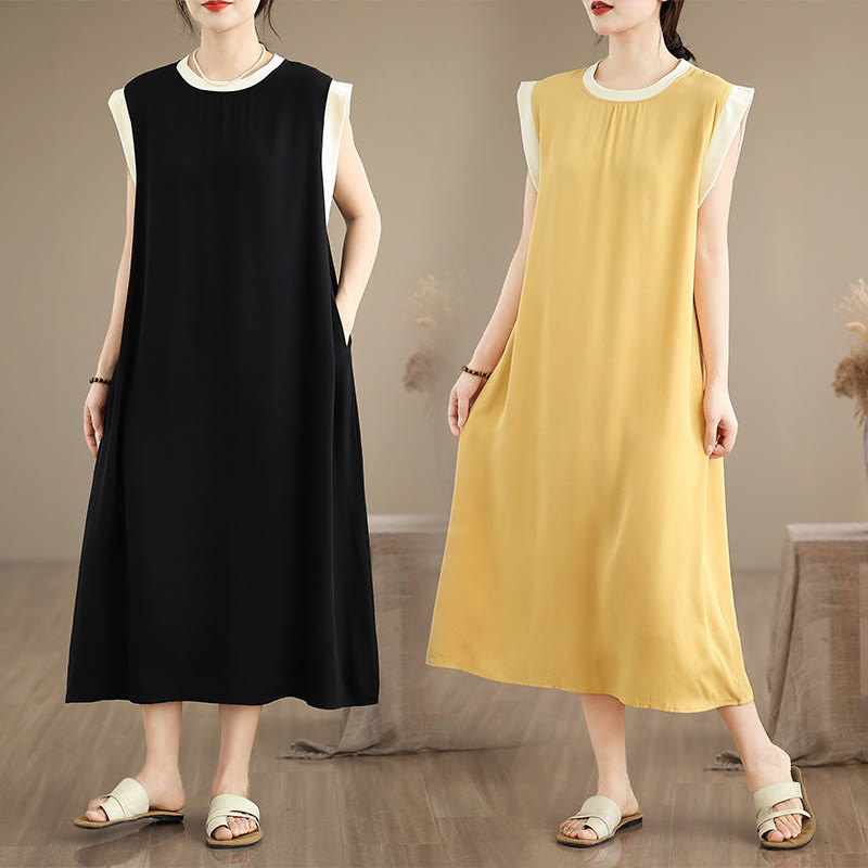 Buddha Stones Pure Color Slit Design Sleeveless Cotton Midi Dress With Pockets