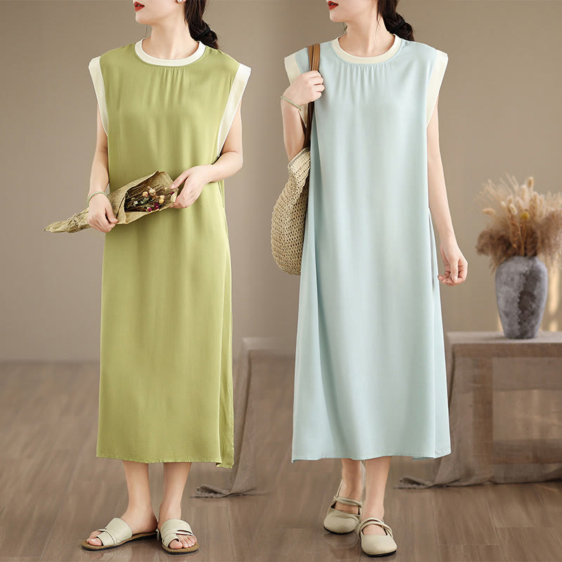 Buddha Stones Pure Color Slit Design Sleeveless Cotton Midi Dress With Pockets