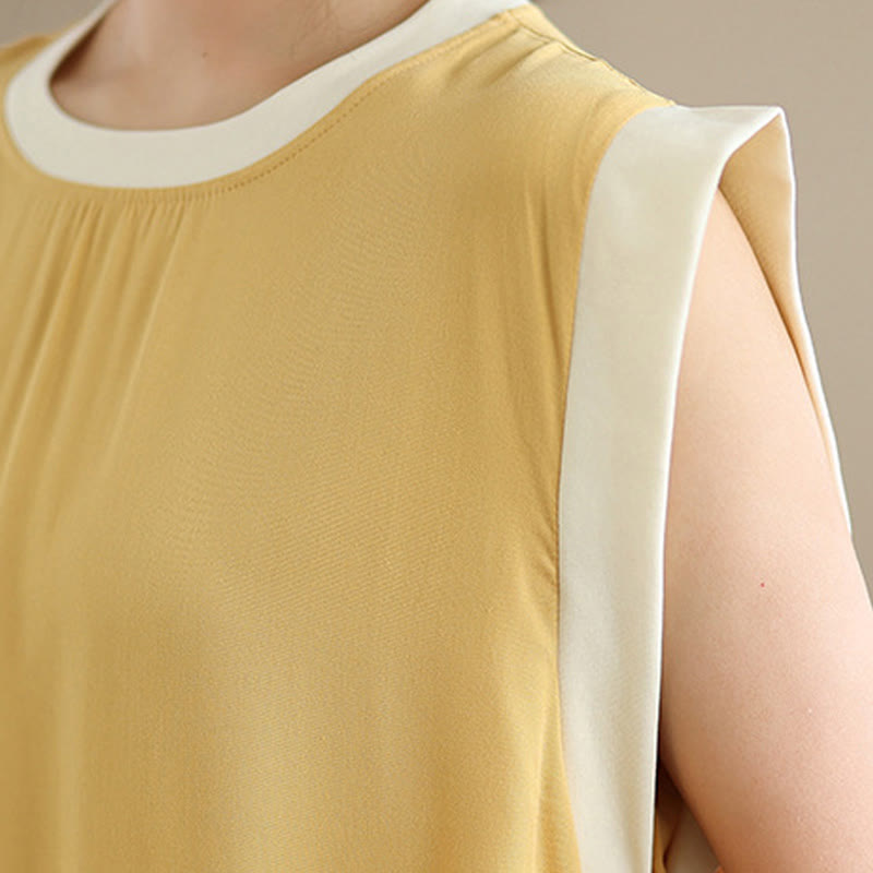 Buddha Stones Pure Color Slit Design Sleeveless Cotton Midi Dress With Pockets