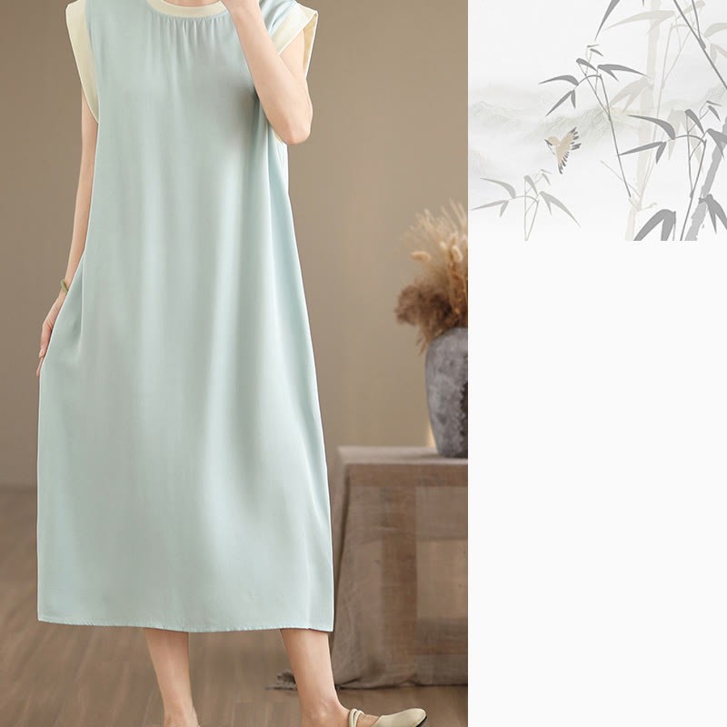 Buddha Stones Pure Color Slit Design Sleeveless Cotton Midi Dress With Pockets