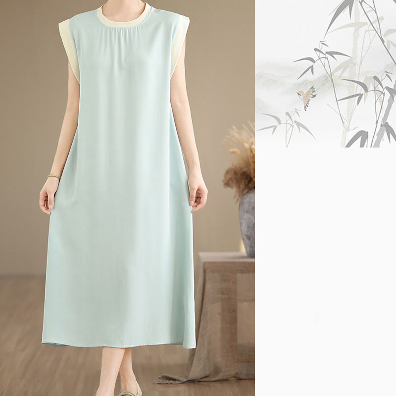 Buddha Stones Pure Color Slit Design Sleeveless Cotton Midi Dress With Pockets