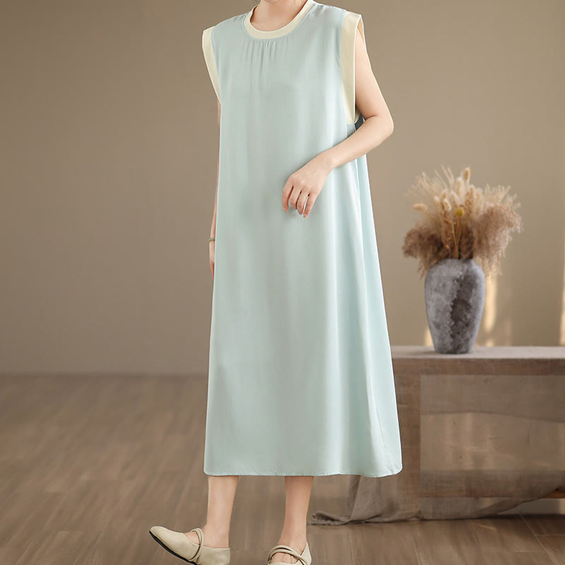 Buddha Stones Pure Color Slit Design Sleeveless Cotton Midi Dress With Pockets