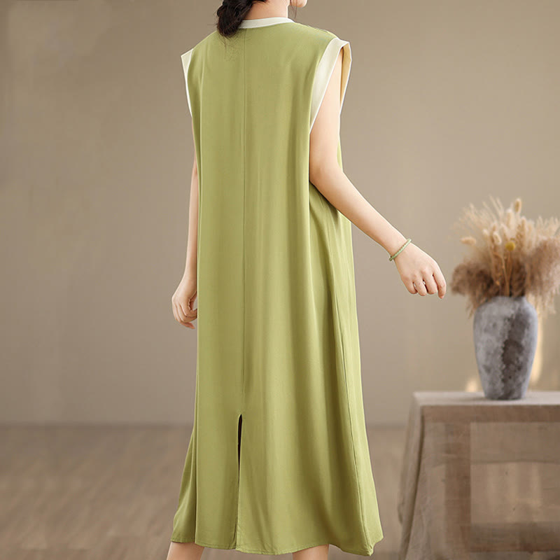 Buddha Stones Pure Color Slit Design Sleeveless Cotton Midi Dress With Pockets