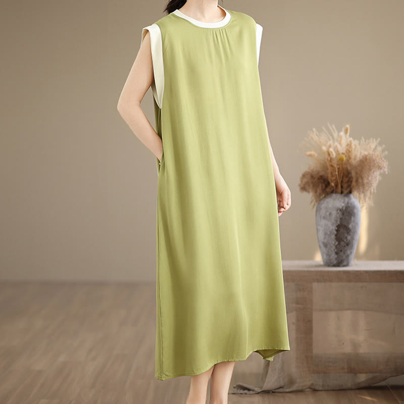 Buddha Stones Pure Color Slit Design Sleeveless Cotton Midi Dress With Pockets
