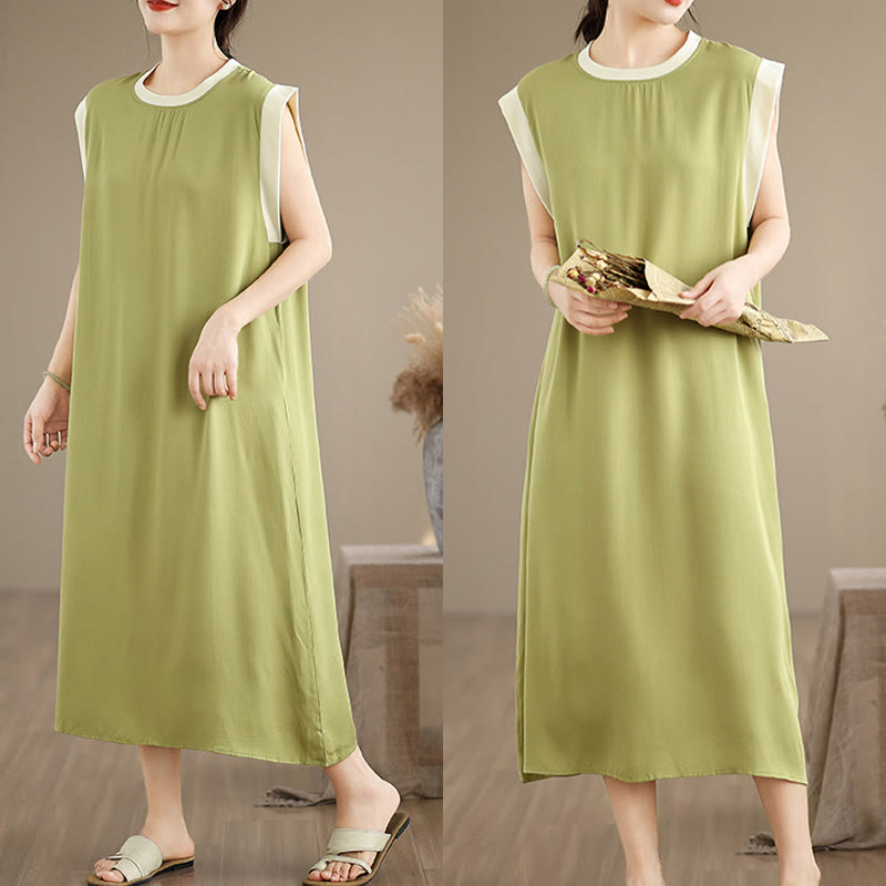 Buddha Stones Pure Color Slit Design Sleeveless Cotton Midi Dress With Pockets
