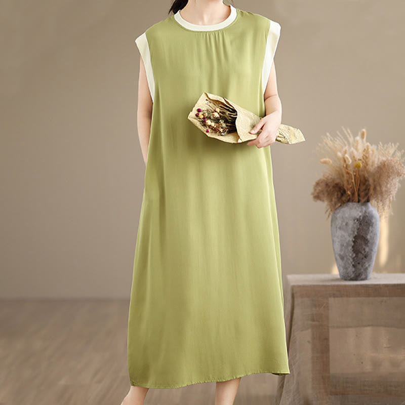 Buddha Stones Pure Color Slit Design Sleeveless Cotton Midi Dress With Pockets