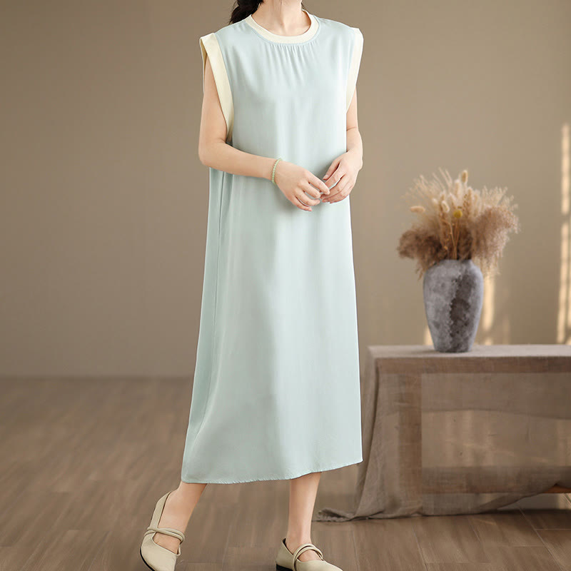 Buddha Stones Pure Color Slit Design Sleeveless Cotton Midi Dress With Pockets