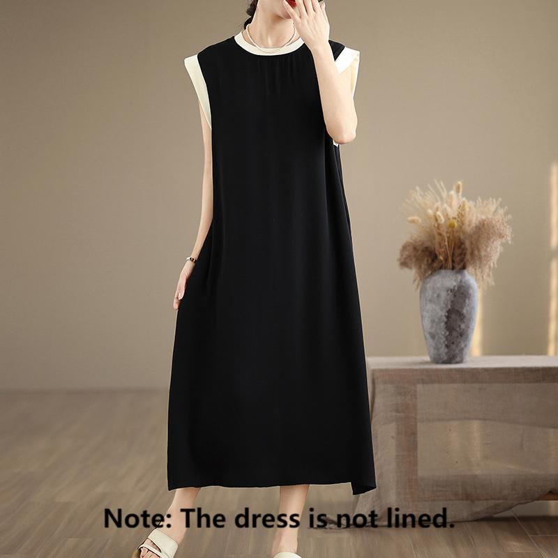 Buddha Stones Pure Color Slit Design Sleeveless Cotton Midi Dress With Pockets