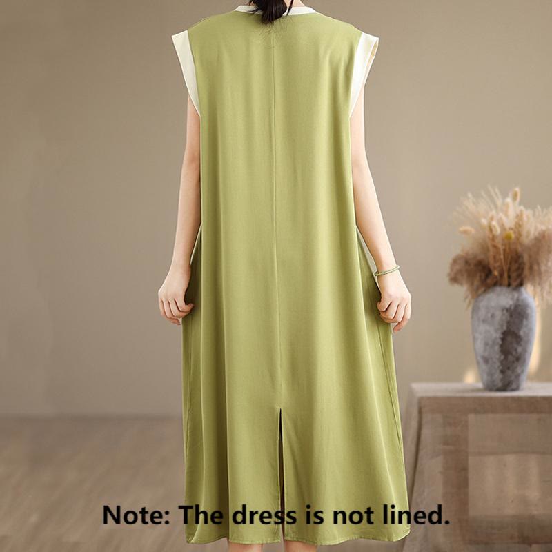 Buddha Stones Pure Color Slit Design Sleeveless Cotton Midi Dress With Pockets