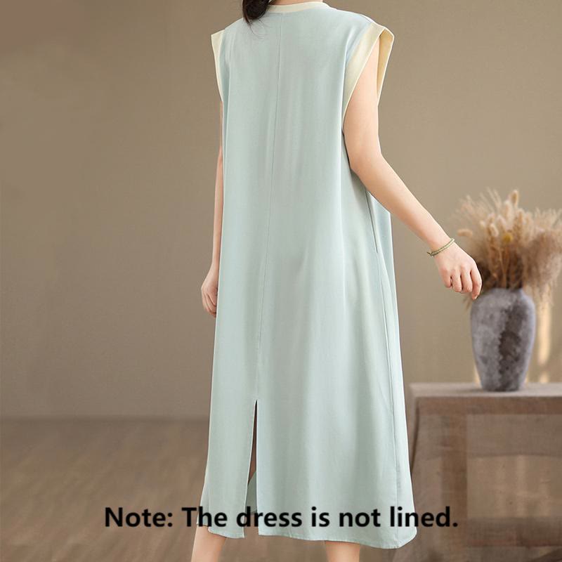 Buddha Stones Pure Color Slit Design Sleeveless Cotton Midi Dress With Pockets