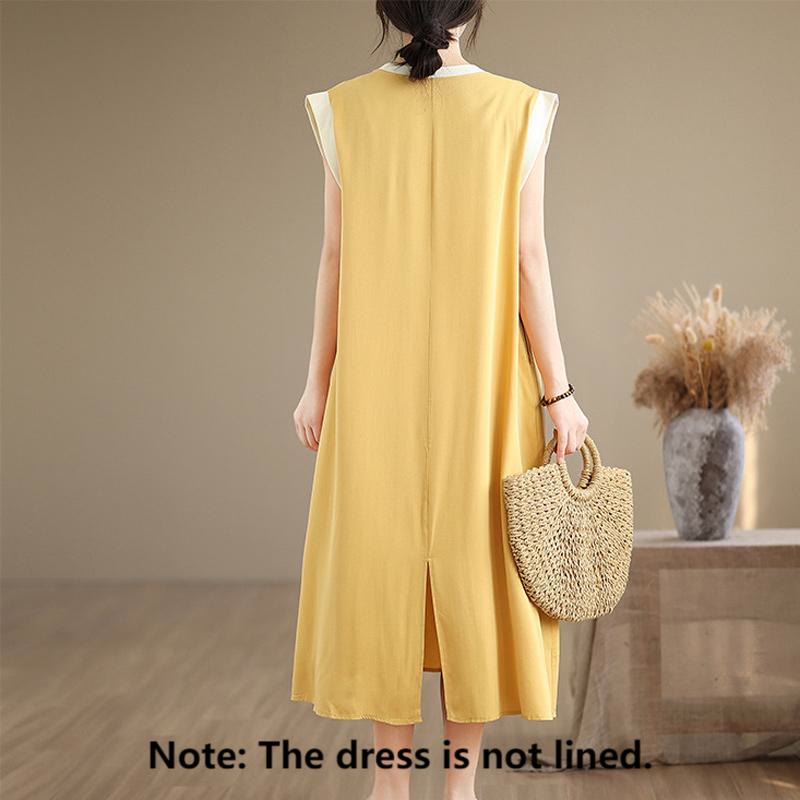 Buddha Stones Pure Color Slit Design Sleeveless Cotton Midi Dress With Pockets