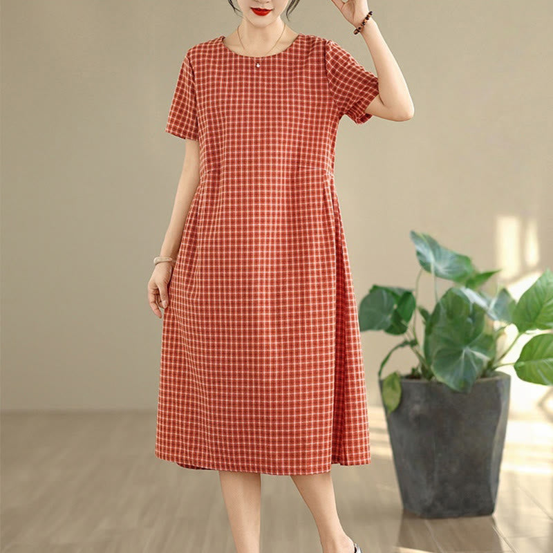 Buddha Stones Commute Plaid Pattern Simple Design Cotton Linen Short Sleeve Midi Dress With Pockets