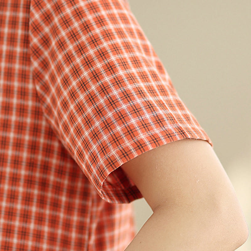 Buddha Stones Commute Plaid Pattern Simple Design Cotton Linen Short Sleeve Midi Dress With Pockets