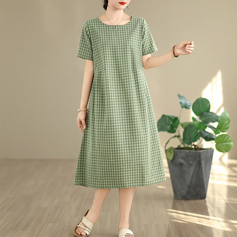 Buddha Stones Commute Plaid Pattern Simple Design Cotton Linen Short Sleeve Midi Dress With Pockets