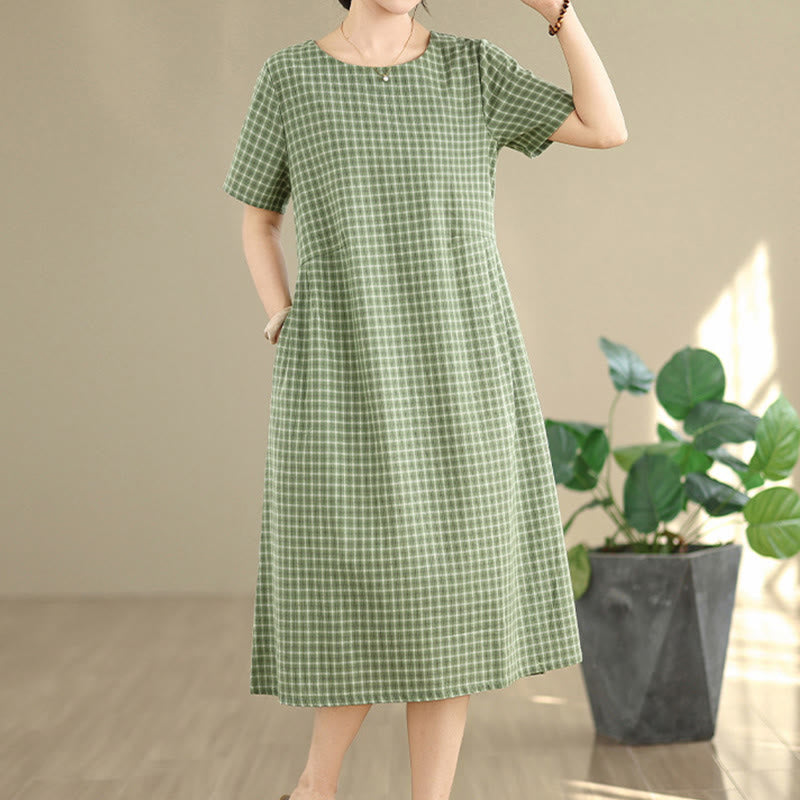 Buddha Stones Commute Plaid Pattern Simple Design Cotton Linen Short Sleeve Midi Dress With Pockets