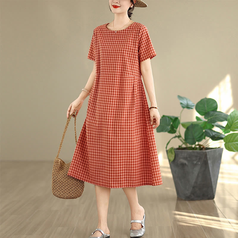 Buddha Stones Commute Plaid Pattern Simple Design Cotton Linen Short Sleeve Midi Dress With Pockets