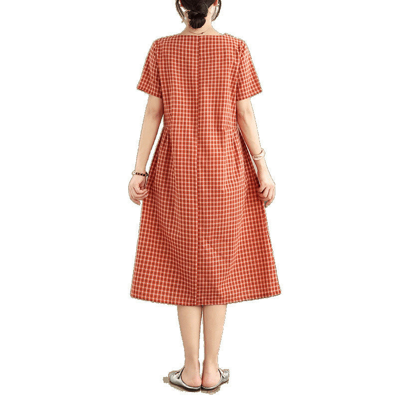 Buddha Stones Commute Plaid Pattern Simple Design Cotton Linen Short Sleeve Midi Dress With Pockets