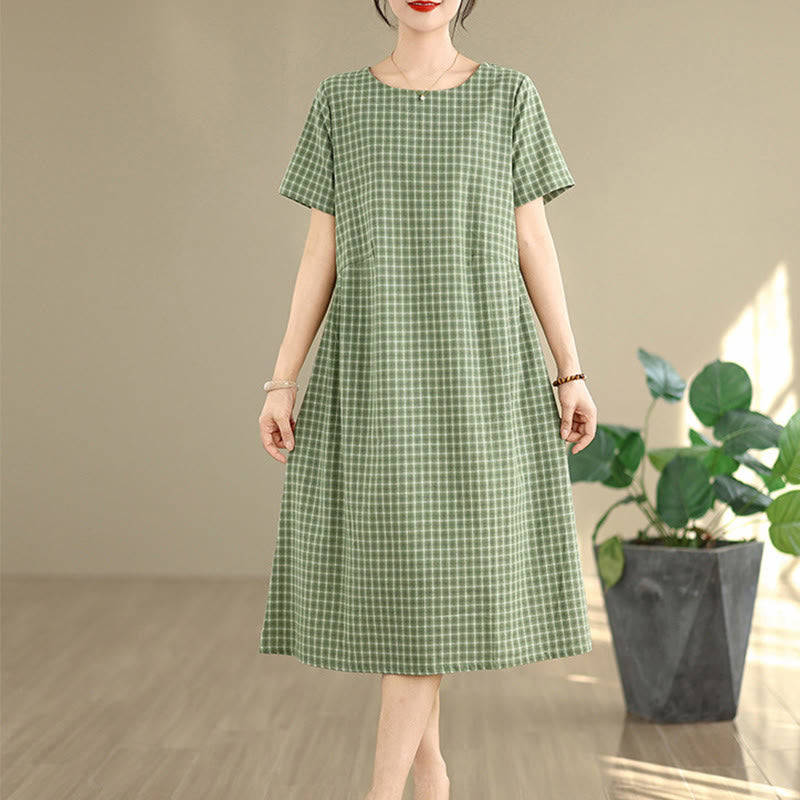 Buddha Stones Commute Plaid Pattern Simple Design Cotton Linen Short Sleeve Midi Dress With Pockets