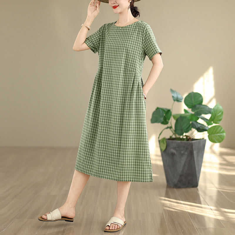 Buddha Stones Commute Plaid Pattern Simple Design Cotton Linen Short Sleeve Midi Dress With Pockets