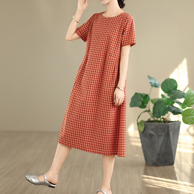 Buddha Stones Commute Plaid Pattern Simple Design Cotton Linen Short Sleeve Midi Dress With Pockets