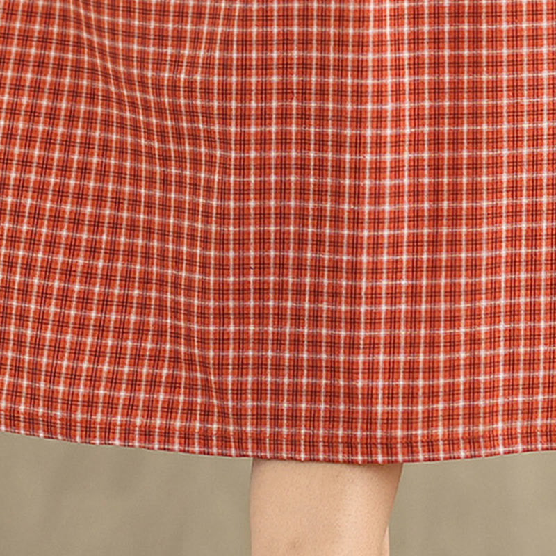 Buddha Stones Commute Plaid Pattern Simple Design Cotton Linen Short Sleeve Midi Dress With Pockets
