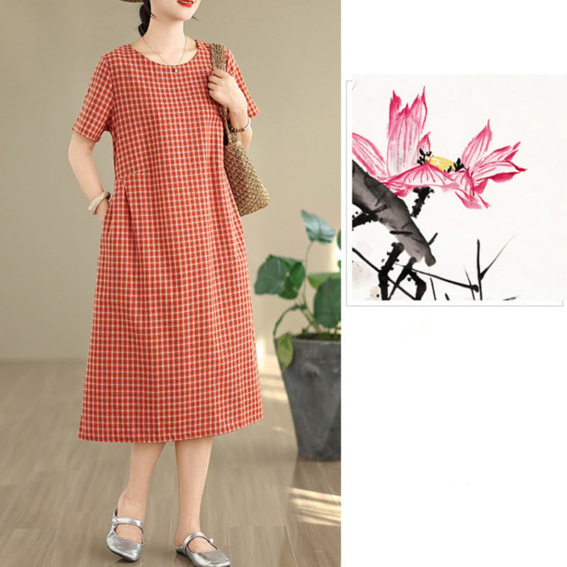 Buddha Stones Commute Plaid Pattern Simple Design Cotton Linen Short Sleeve Midi Dress With Pockets