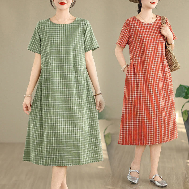 Buddha Stones Commute Plaid Pattern Simple Design Cotton Linen Short Sleeve Midi Dress With Pockets