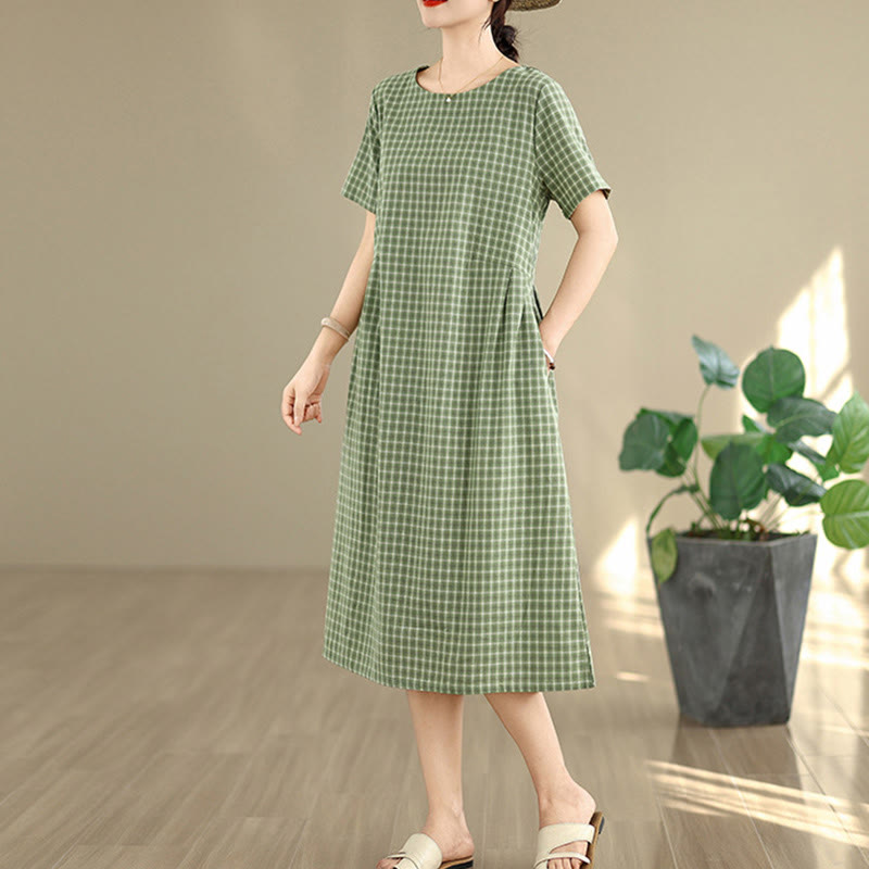 Buddha Stones Commute Plaid Pattern Simple Design Cotton Linen Short Sleeve Midi Dress With Pockets
