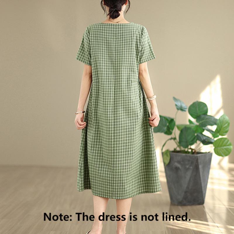 Buddha Stones Commute Plaid Pattern Simple Design Cotton Linen Short Sleeve Midi Dress With Pockets