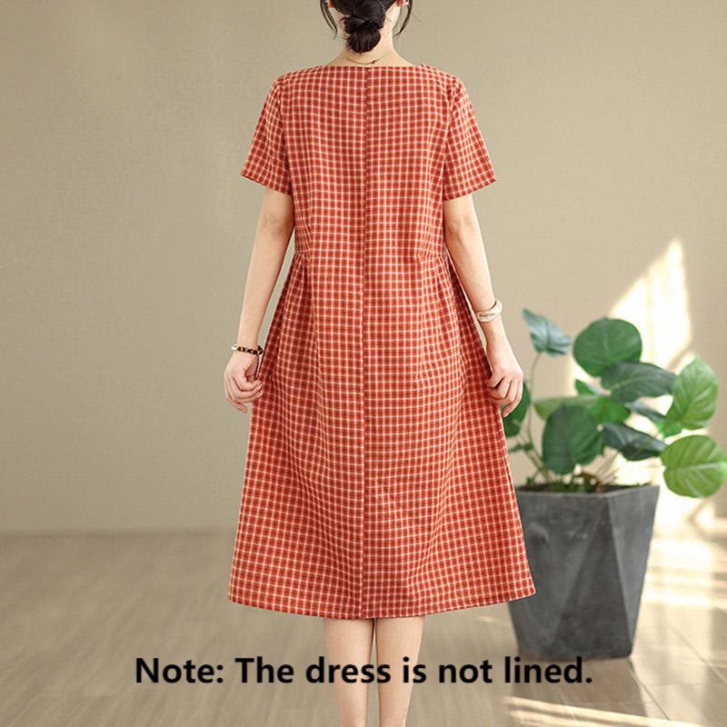 Buddha Stones Commute Plaid Pattern Simple Design Cotton Linen Short Sleeve Midi Dress With Pockets