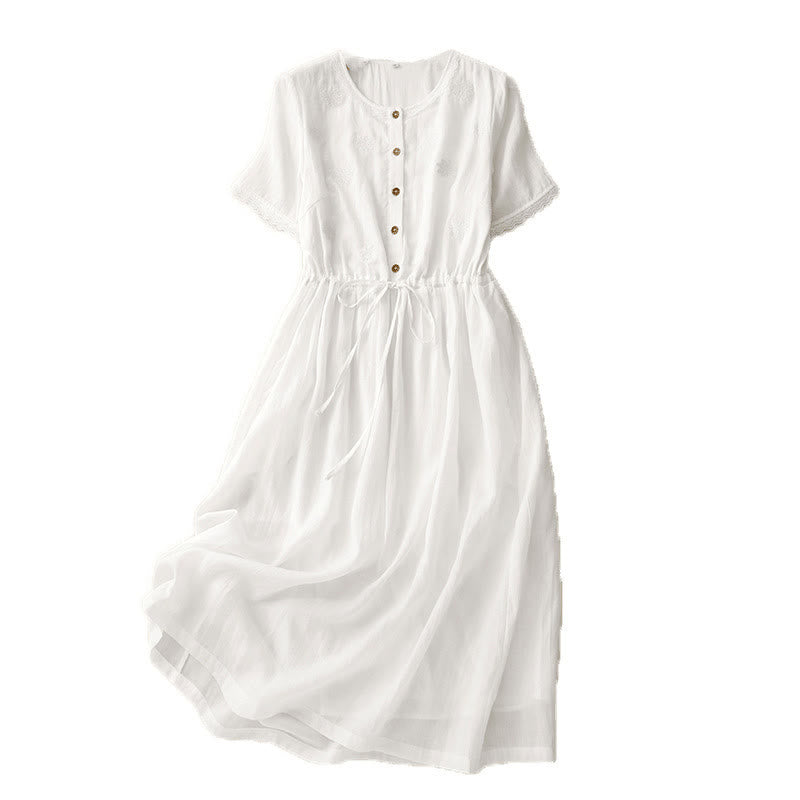 Buddha Stones Commute Embroidery Pleated Button Drawstring Design Cotton Linen Ruffled Short Sleeve Midi Dress