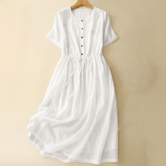 Buddha Stones Commute Embroidery Pleated Button Drawstring Design Cotton Linen Ruffled Short Sleeve Midi Dress