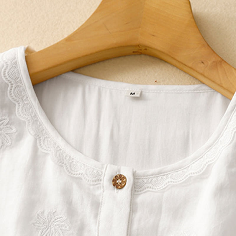 Buddha Stones Commute Embroidery Pleated Button Drawstring Design Cotton Linen Ruffled Short Sleeve Midi Dress