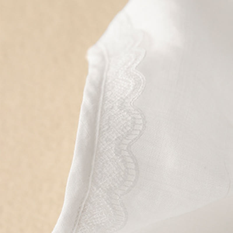 Buddha Stones Commute Embroidery Pleated Button Drawstring Design Cotton Linen Ruffled Short Sleeve Midi Dress