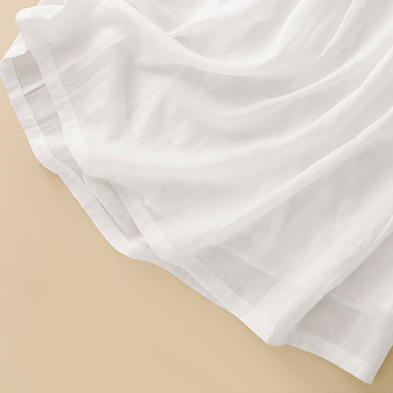 Buddha Stones Commute Embroidery Pleated Button Drawstring Design Cotton Linen Ruffled Short Sleeve Midi Dress
