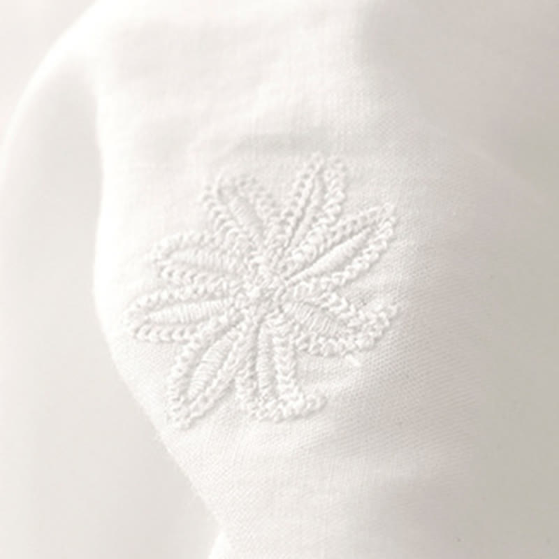 Buddha Stones Commute Embroidery Pleated Button Drawstring Design Cotton Linen Ruffled Short Sleeve Midi Dress