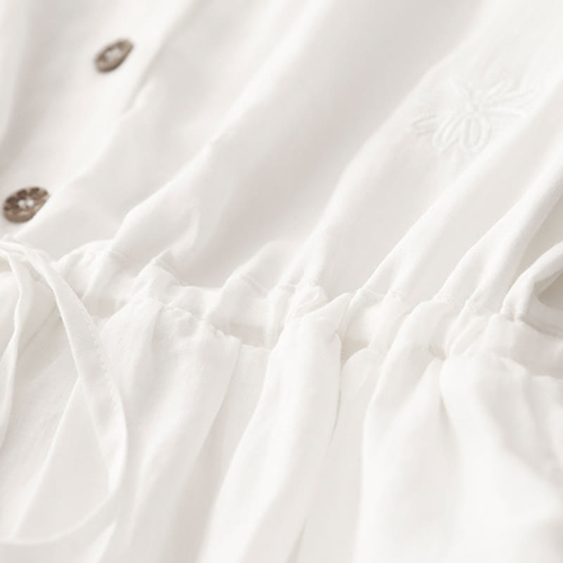 Buddha Stones Commute Embroidery Pleated Button Drawstring Design Cotton Linen Ruffled Short Sleeve Midi Dress