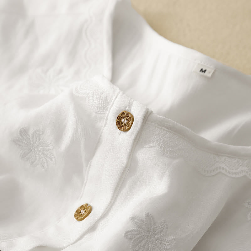 Buddha Stones Commute Embroidery Pleated Button Drawstring Design Cotton Linen Ruffled Short Sleeve Midi Dress