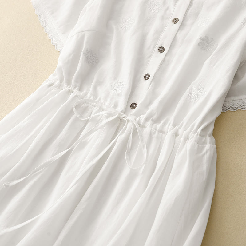 Buddha Stones Commute Embroidery Pleated Button Drawstring Design Cotton Linen Ruffled Short Sleeve Midi Dress